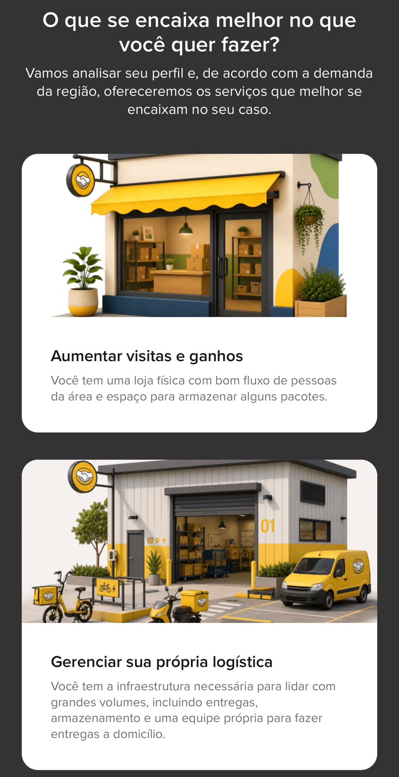 O que se encaixa melhor no que você quer fazer? Aumentar visitas e ganhos ou gerenciar sua própria logística